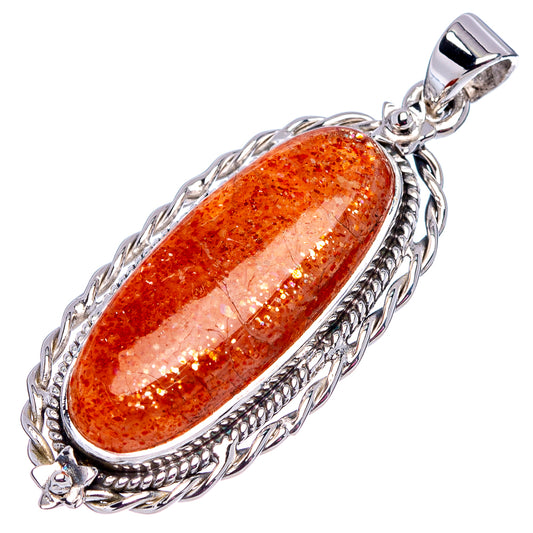 Oval orange sunstone pendant .925 sterling silver with twisted rope frame and bail