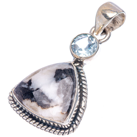 Sterling silver drop pendant with marbled white/black teardrop stone, blue round gemstone