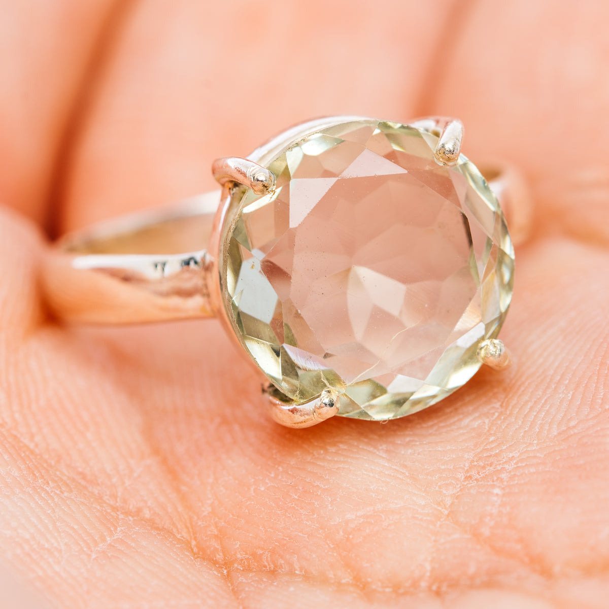 Faceted Prasiolite Ring Size 8.75 (.925 Sterling Silver)