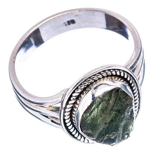 Sterling silver moldavite ring, braided bezel on round green stone; wide band