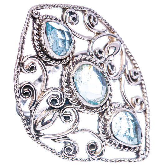 Sterling silver aquamarine ring, side view with three oval light-blue stones