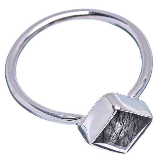 Tourmalinated quartz ring, square bezel gemstone set on polished sterling band