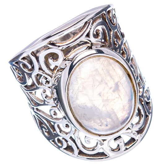 Oval rainbow moonstone ring in .925 sterling silver, detailed cutout scrollwork setting