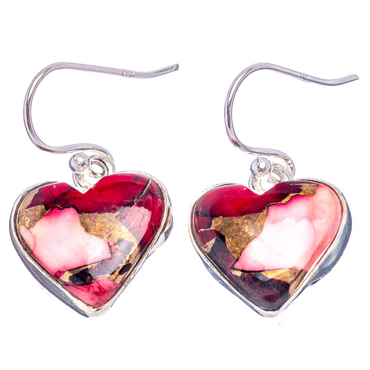 Pair of heart drop earrings in sterling silver, red-pink mottled gemstone with crystal accents