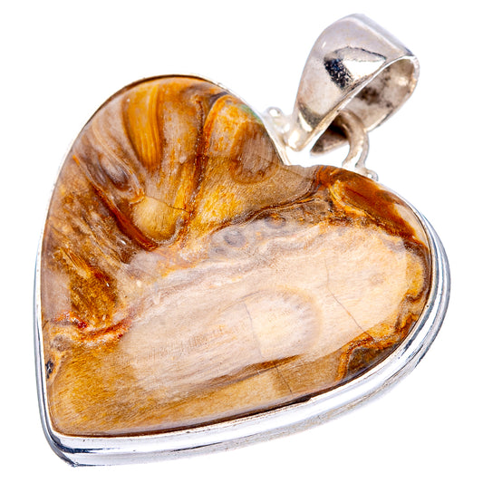 Heart-shaped jasper pendant with sterling silver edge and bail, amber swirls visible.