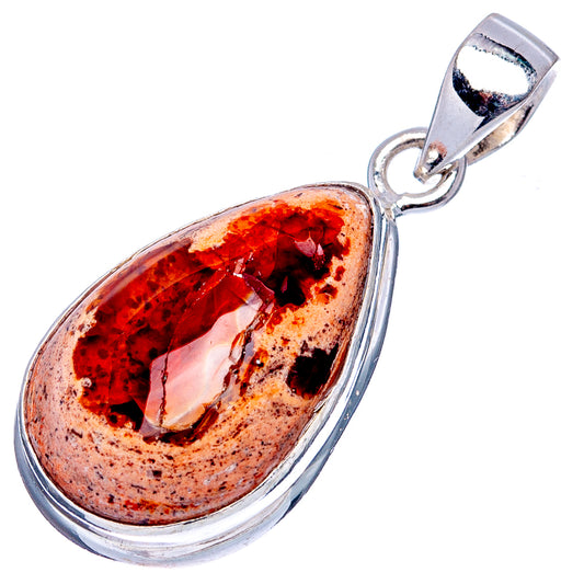 Sterling silver teardrop fire opal pendant, fiery red orange opal with dark inclusions