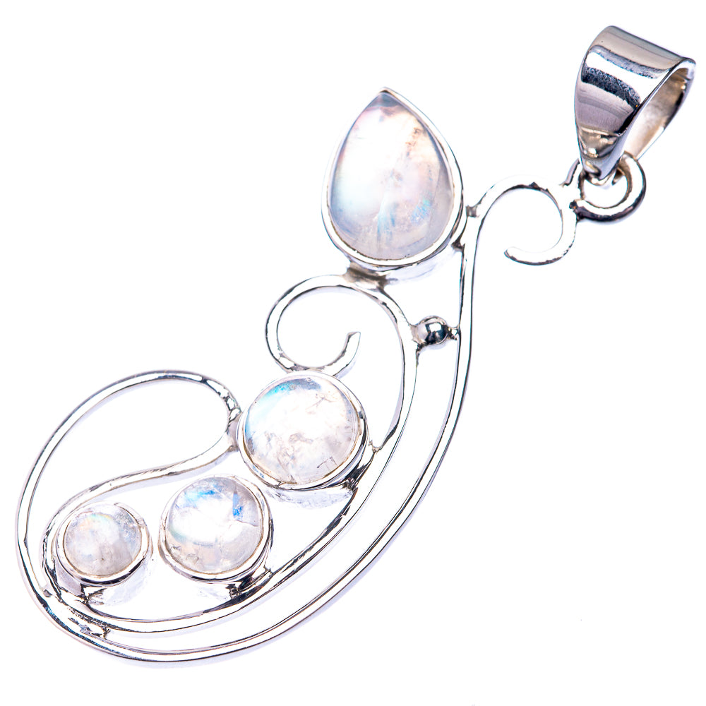 Sterling silver rainbow moonstone pendant with pear and round stones on curved swirl