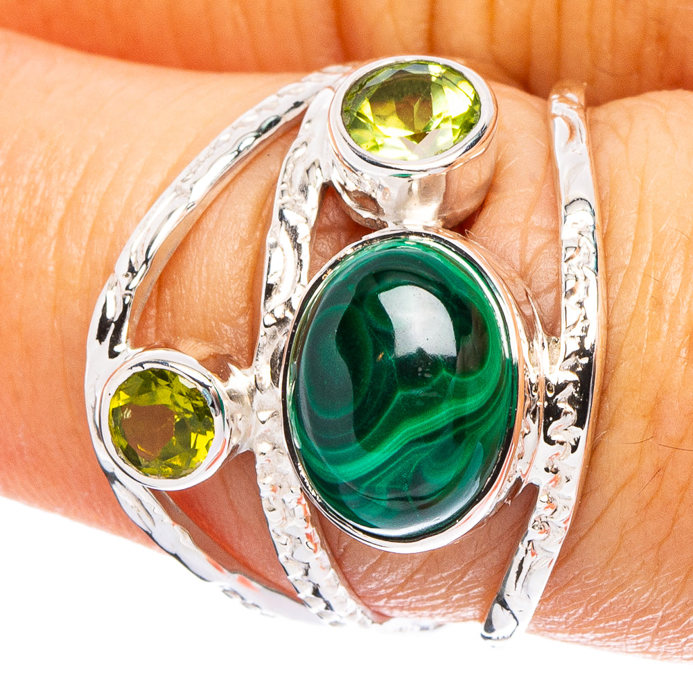 Sterling silver ring with oval green malachite stone and round yellow peridot accents