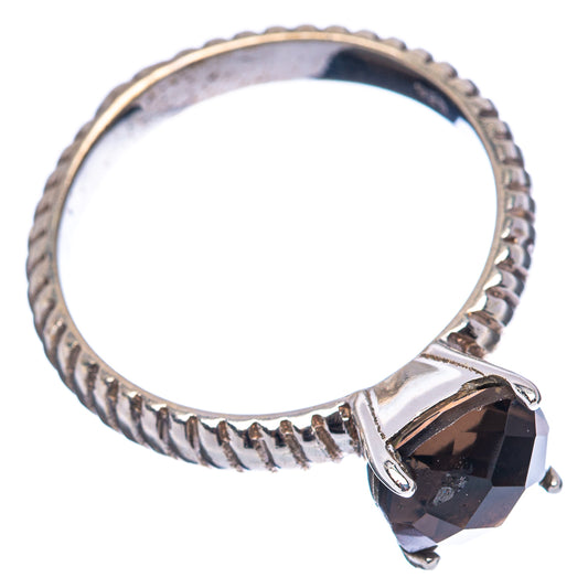 Sterling silver ridged band ring with faceted dark smoky quartz gemstone in prongs