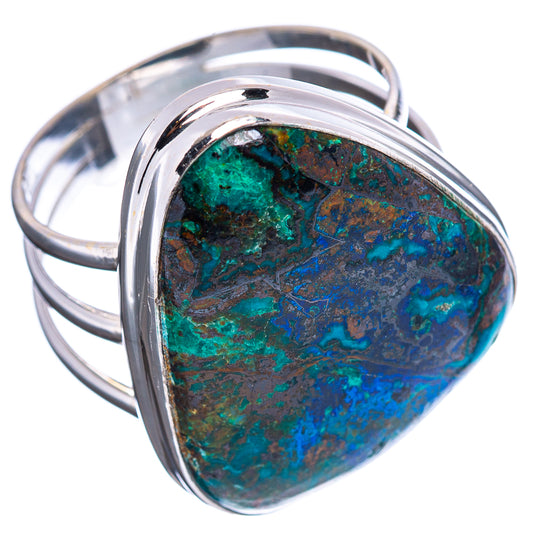 Sterling silver ring with oval azurite-malachite cabochon, blue green speckled center