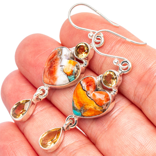 Spiny Oyster Turquoise, Citrine Heart Earrings 1 7/8" (925 Sterling Silver) E1830