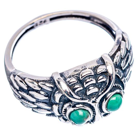 Turquoise owl dainty ring, ornate .925 sterling silver band with green stone accents