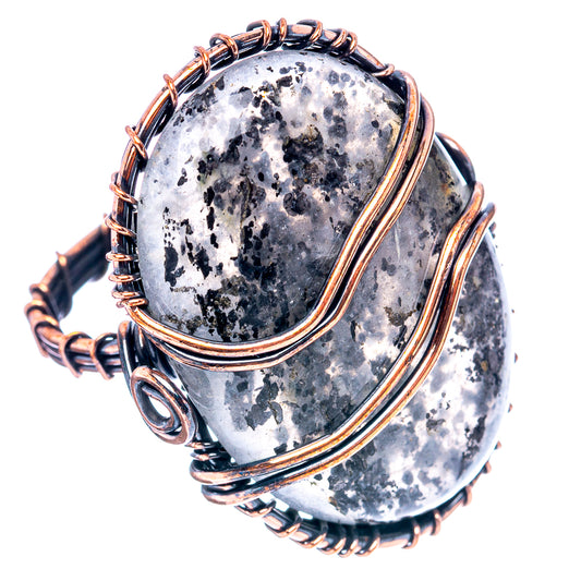 Oval druzy stone wrapped in oxidized copper wire, multi-row band ring