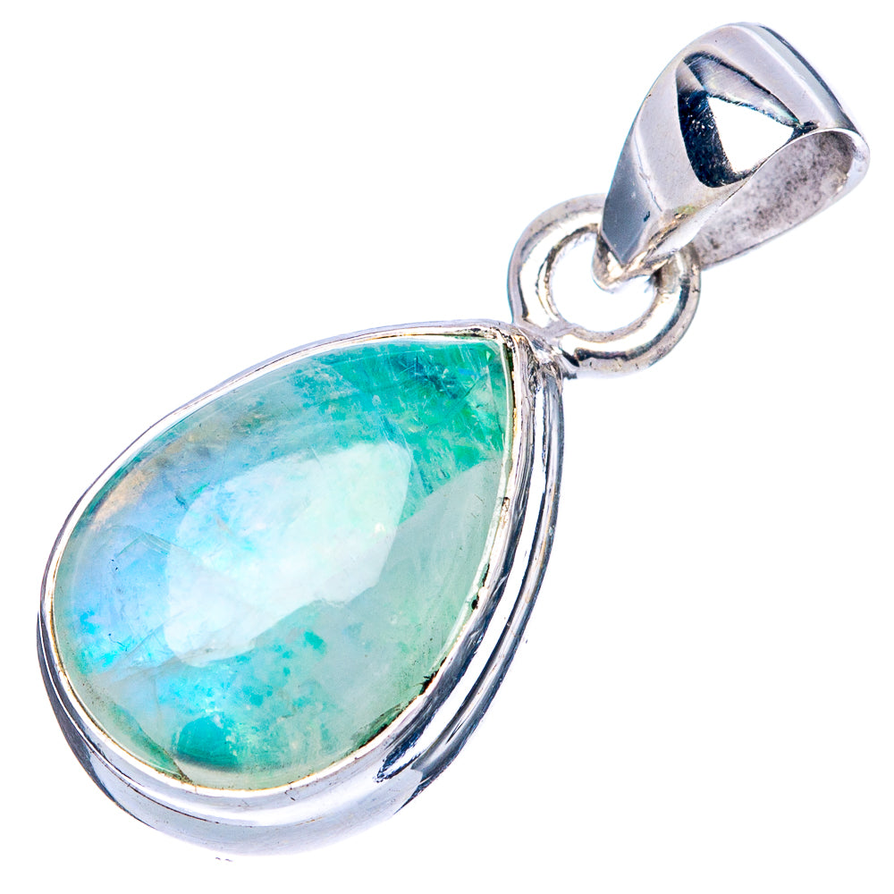 Sterling silver teardrop pendant with green-blue moonstone cabochon and bail