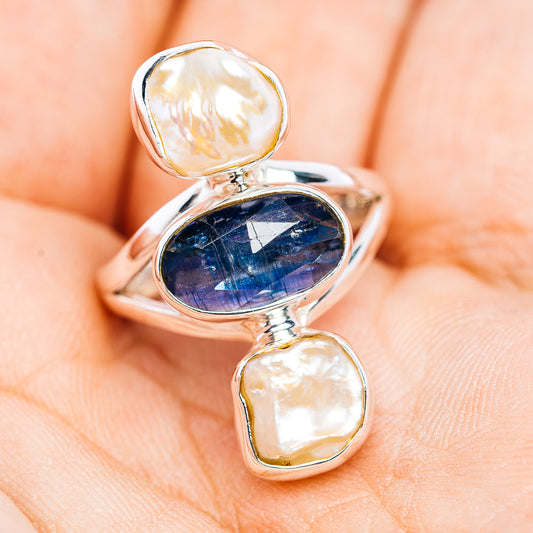 Faceted Kyanite, Baroque Pearl Ring Size 7 (.925 Sterling Silver)