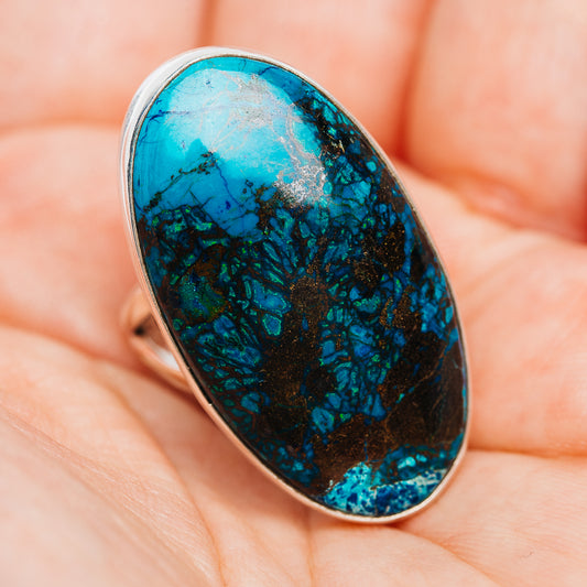 Oval Shattuckite gemstone ring, turquoise and dark blue marbling, .925 sterling silver setting