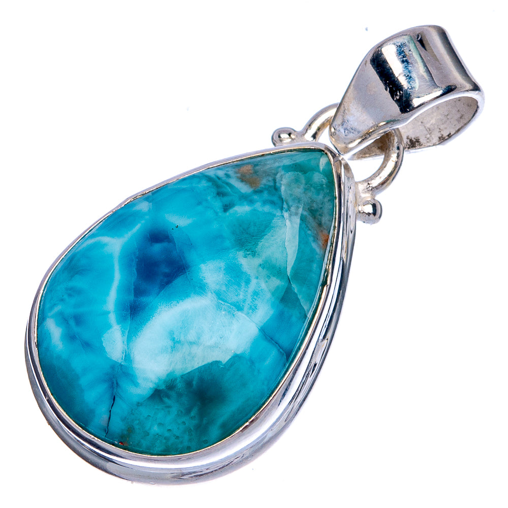 Larimar pear-shaped pendant with blue-green stone bezel and polished silver bail, 925