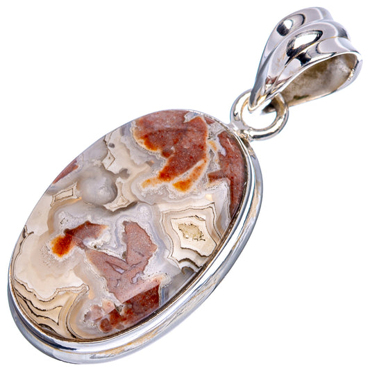 Sterling silver oval agate pendant with lace agate stone and loop bail, cream and brown