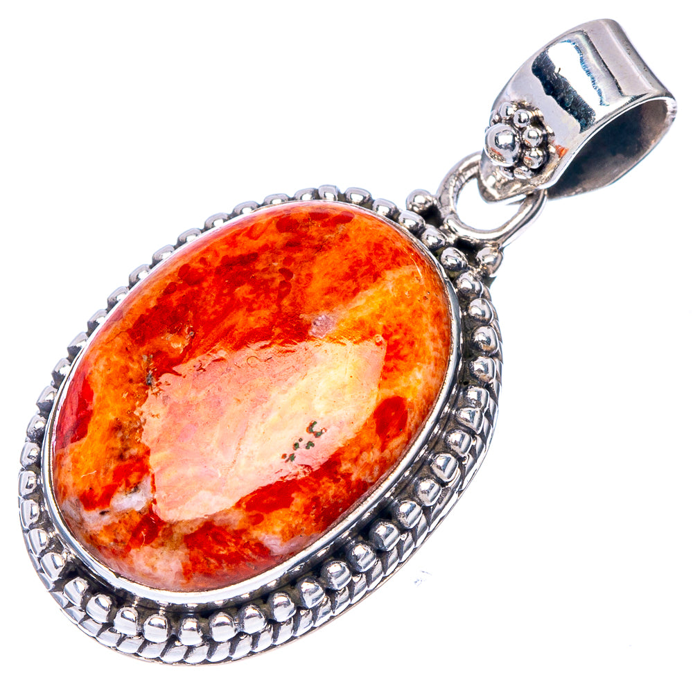 Orange sponge coral oval pendant with 925 sterling silver bail and beadwork