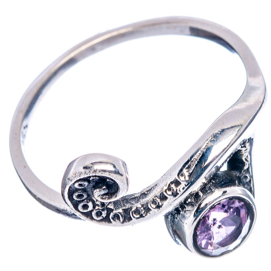 Sterling silver amethyst wave dainty ring, side view with purple bezel-set gemstone