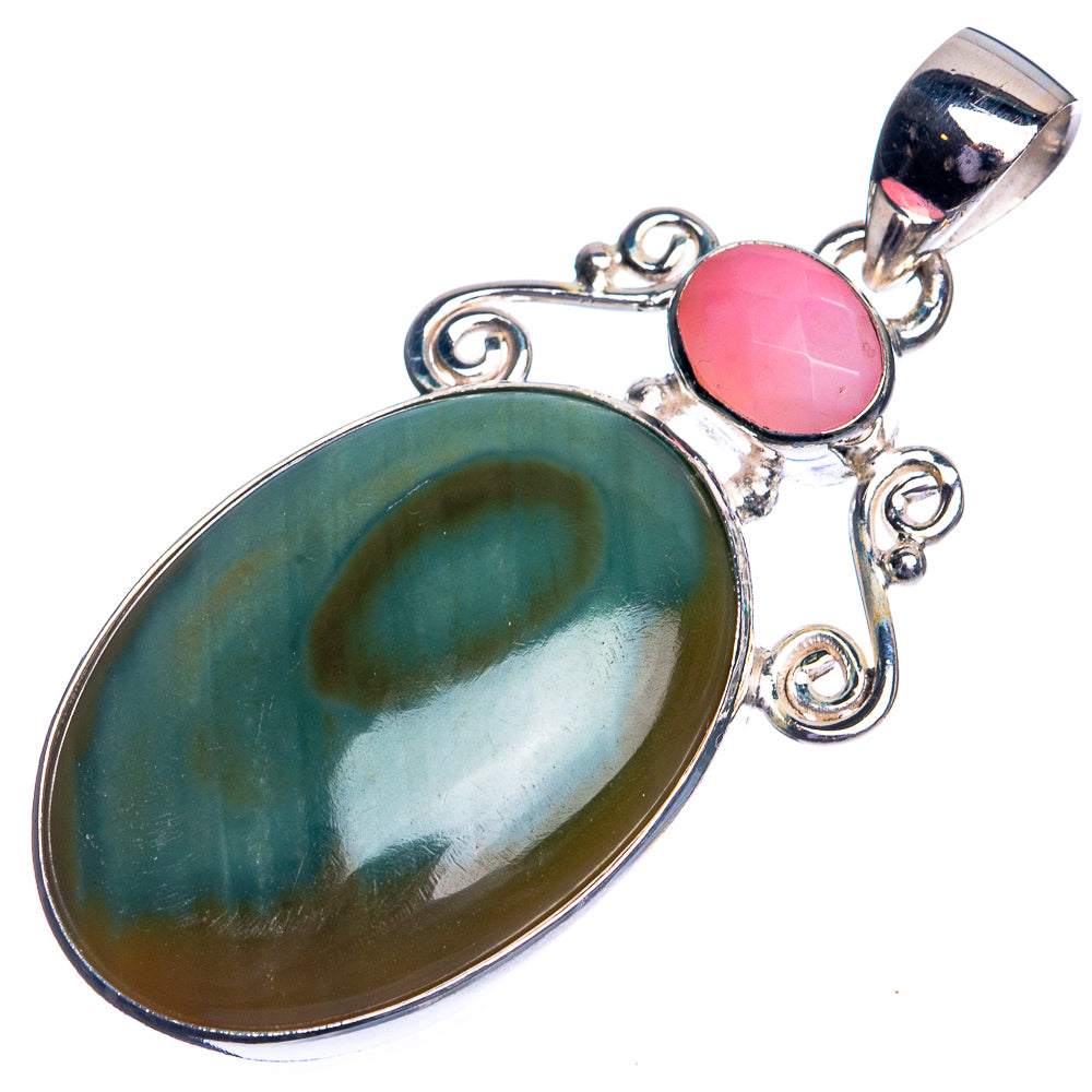 Sterling silver pendant with oval green stone, round pink opal, and swirl bezel