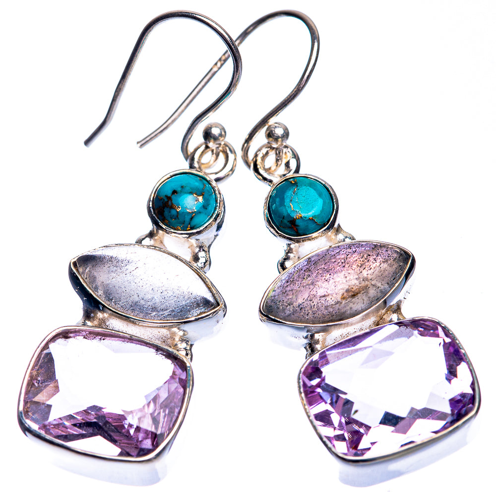 Sterling silver earrings with blue turquoise round stone, purple marquise and faceted drops