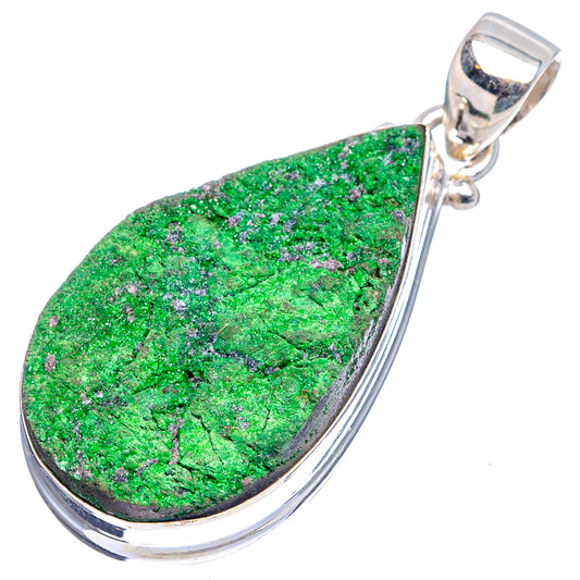 Sterling silver uvarovite garnet pendant with polished teardrop green gemstone, open setting