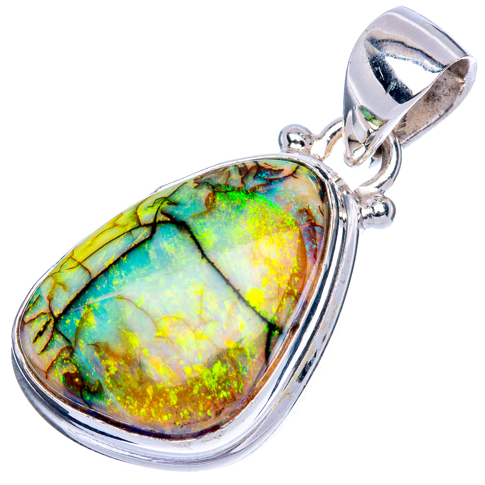 Oval multicolor opal pendant with polished sterling silver bail and prong-set frame