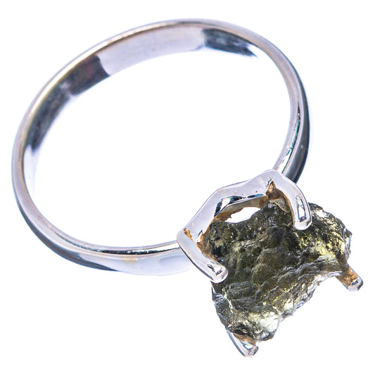 Sterling silver moldavite ring, open band with raw green-brown stone prong setting