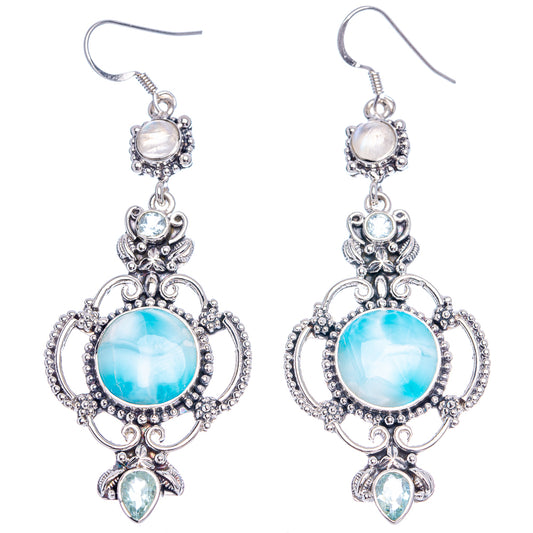 Signature Larimar, Rainbow Moonstone, Aquamarine Earrings 3 1/8" (.925 Sterling Silver)