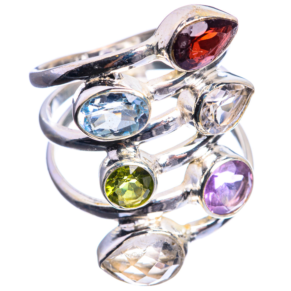 Large Garnet, White Quartz, Blue Topaz, Amethyst, Peridot 925 Sterling Silver Ring Size 8.75