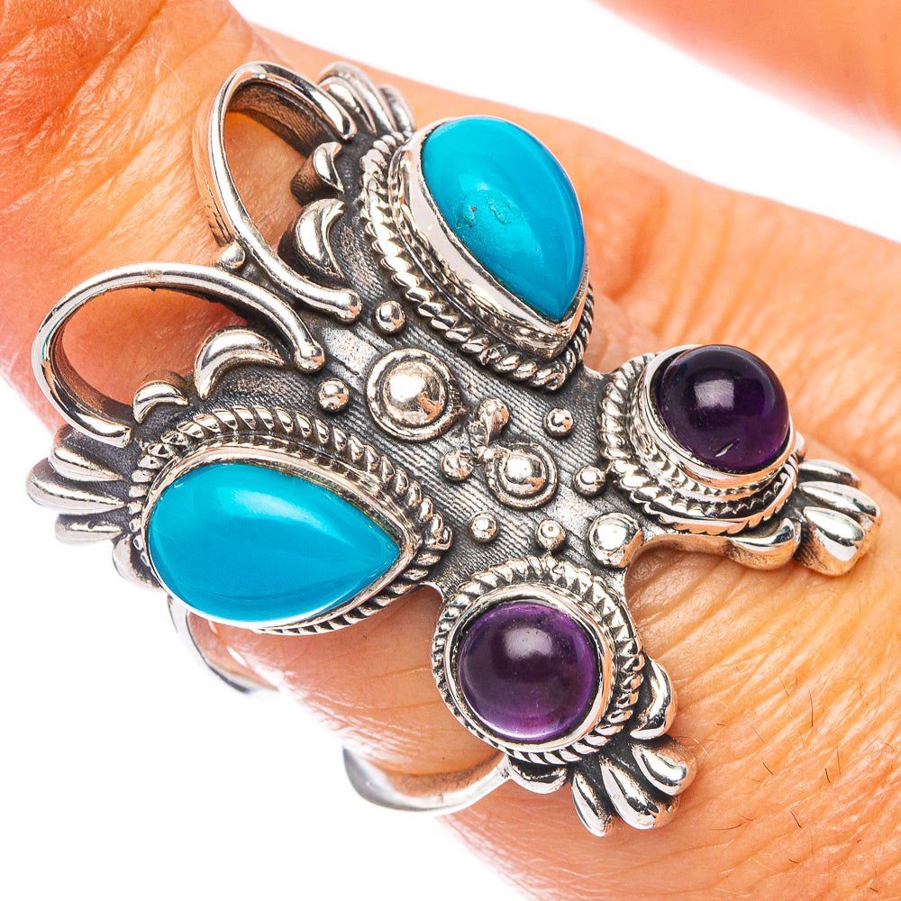 Large butterfly ring with turquoise and amethyst oval stones, silver-tone