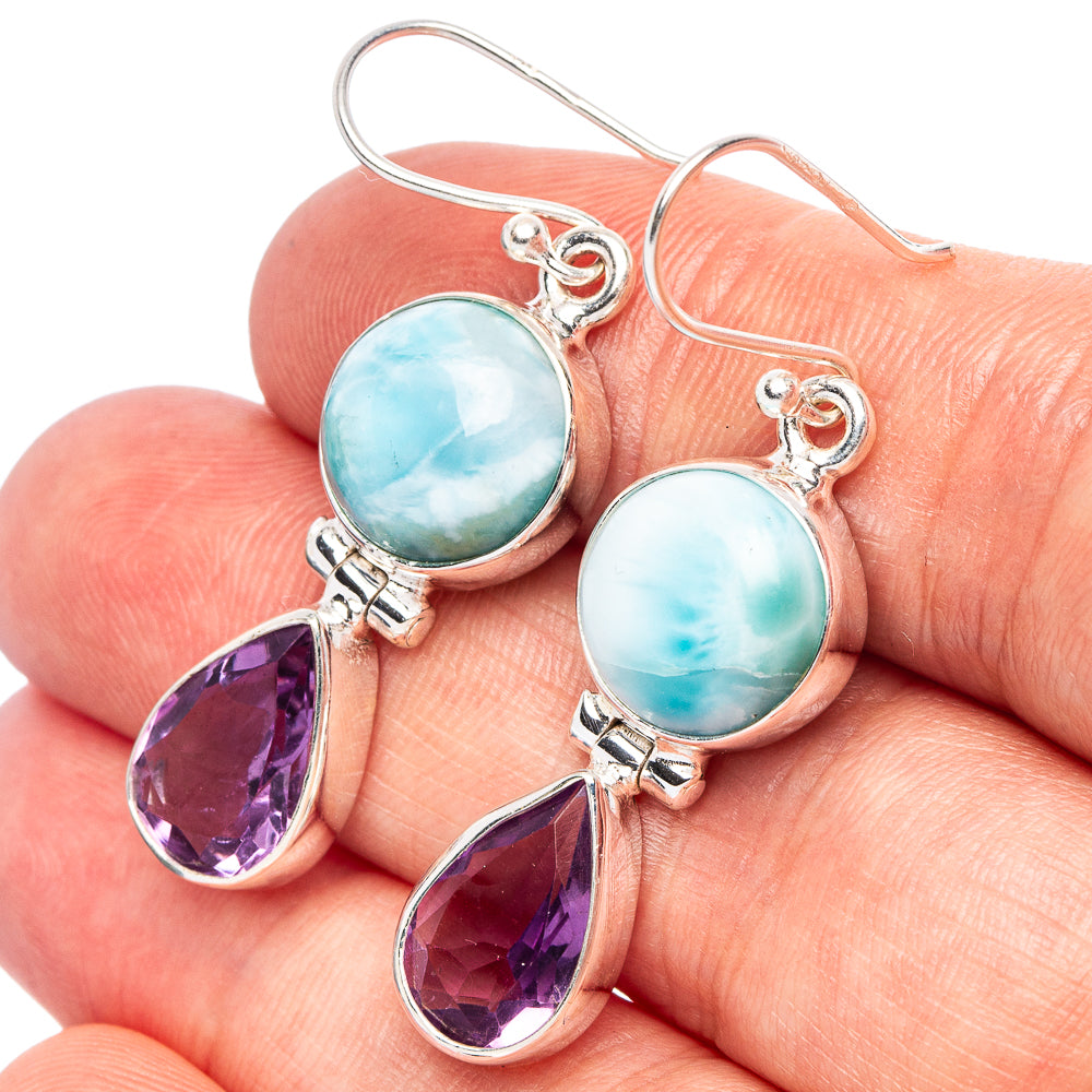 Larimar, Amethyst 925 Sterling Silver Earrings 1 3/4" (925 Sterling Silver) E2123