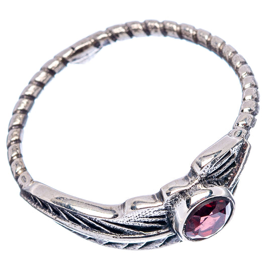 Sterling silver dainty leaf ring with round dark red gemstone and textured band