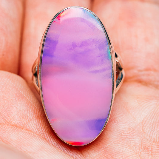 Oval pink-purple aurora opal ring with .925 sterling silver band, bezel-set, size 6.75
