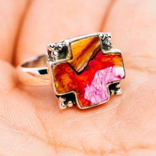 Sterling silver spiny oyster cross ring, orange, red, and pink mosaic gemstone view