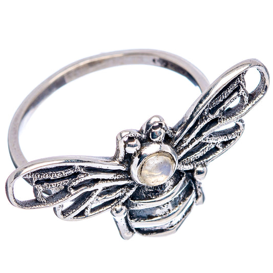 925 sterling silver bee ring with round rainbow moonstone cabochon, size 6.75