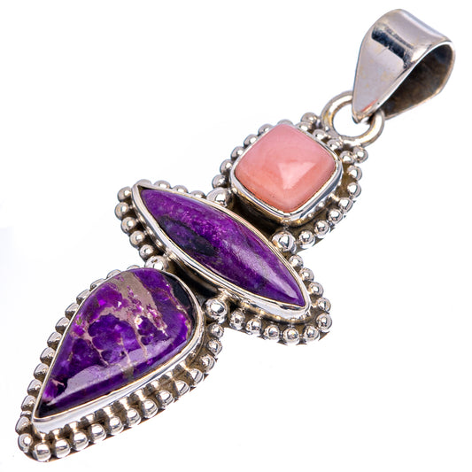 Sterling silver pendant with pink opal center and two purple sugilite stones, bail