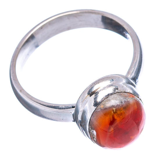 Sterling silver opal ring with round-set red-orange cabochon, open profile, size 6