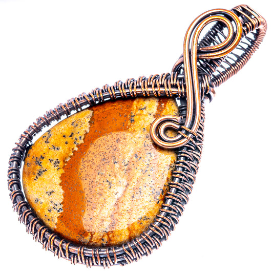 Oxidized copper wire-wrapped picture jasper teardrop pendant, open wire frame