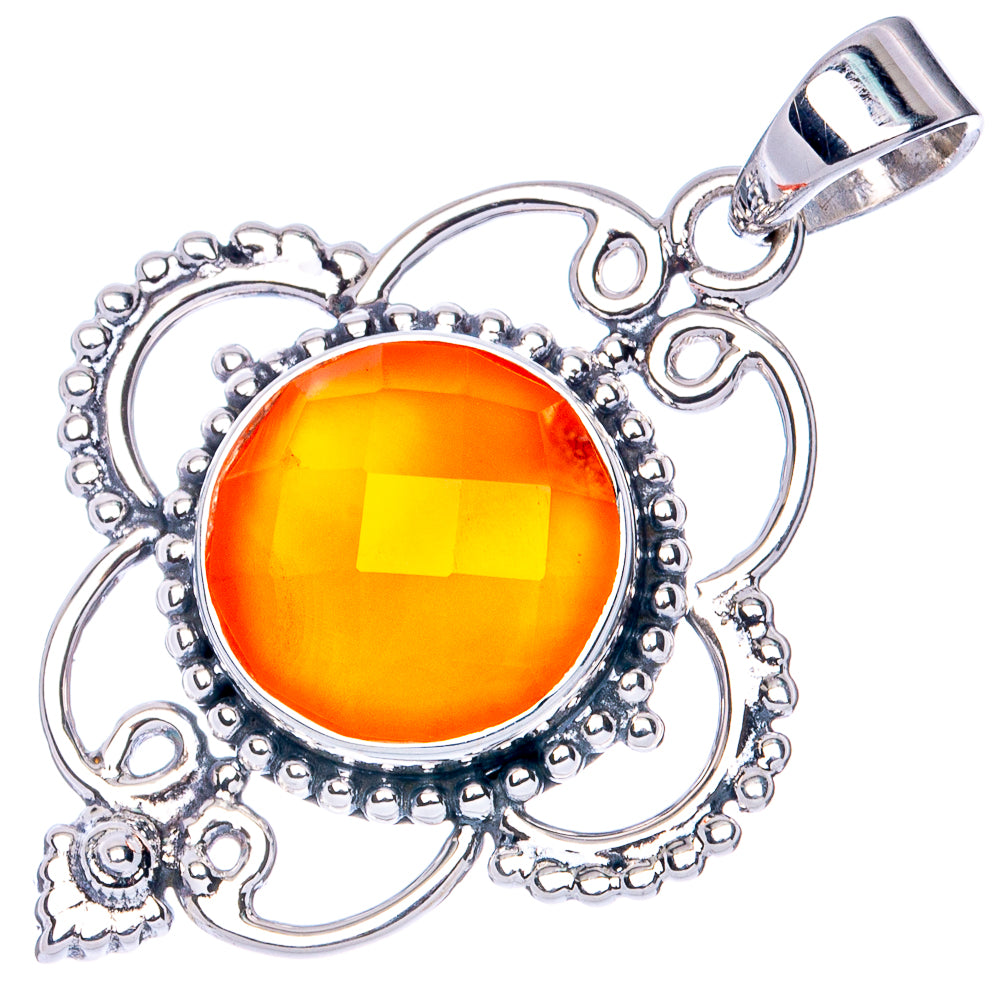 Sterling silver carnelian pendant with round orange gemstone and ornate bezel setting