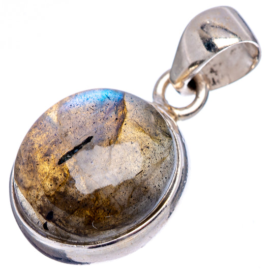 Round labradorite pendant with sterling silver bail and textured bezel, blue and gold stone