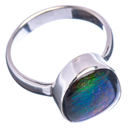 Sterling silver ammolite oval ring with iridescent green, blue, and purple stone