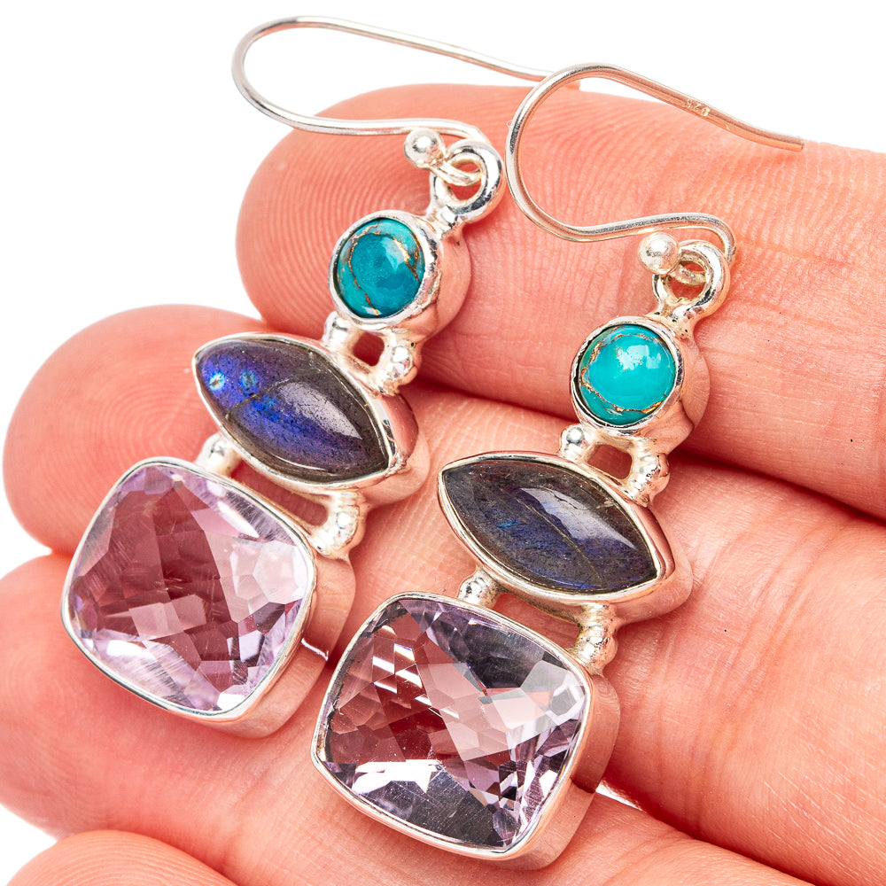 Faceted Pink Amethyst, Labradorite, Blue Copper Composite Turquoise 925 Sterling Silver Earrings 1 5/8" (925 Sterling Silver) E2206