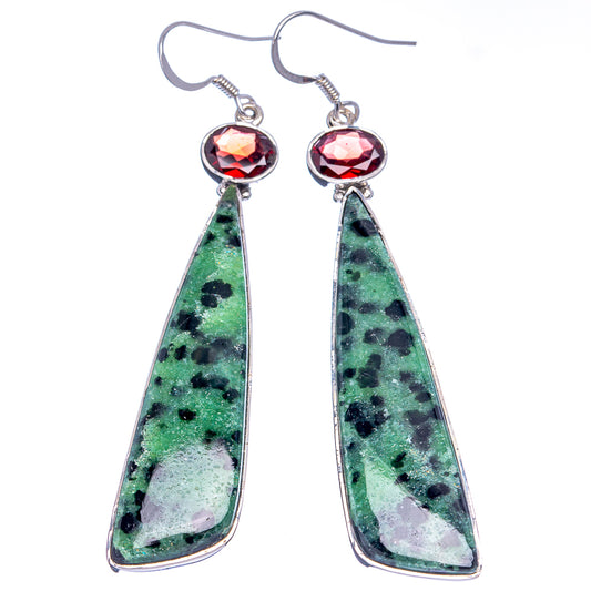 Sterling silver dangle earrings with round red stones and green marbled drops
