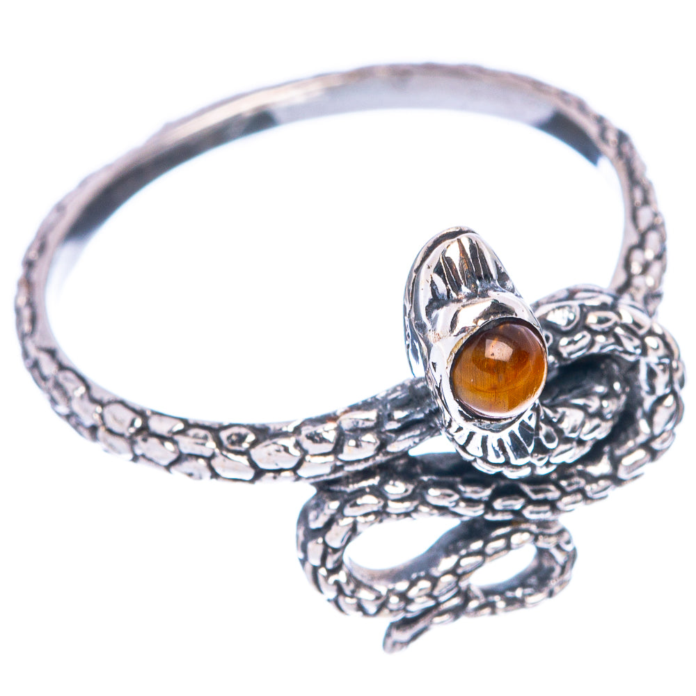 Sterling silver snake ring, tiger-eye cabochon set near open band