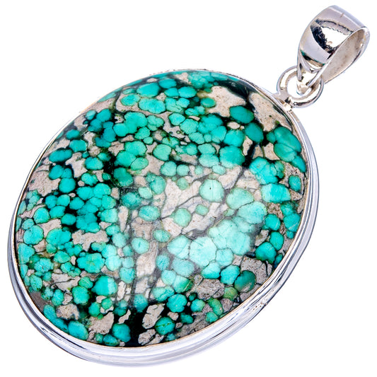 Turquoise oval cabochon pendant with sterling silver bezel and top loop; speckled stone pattern.