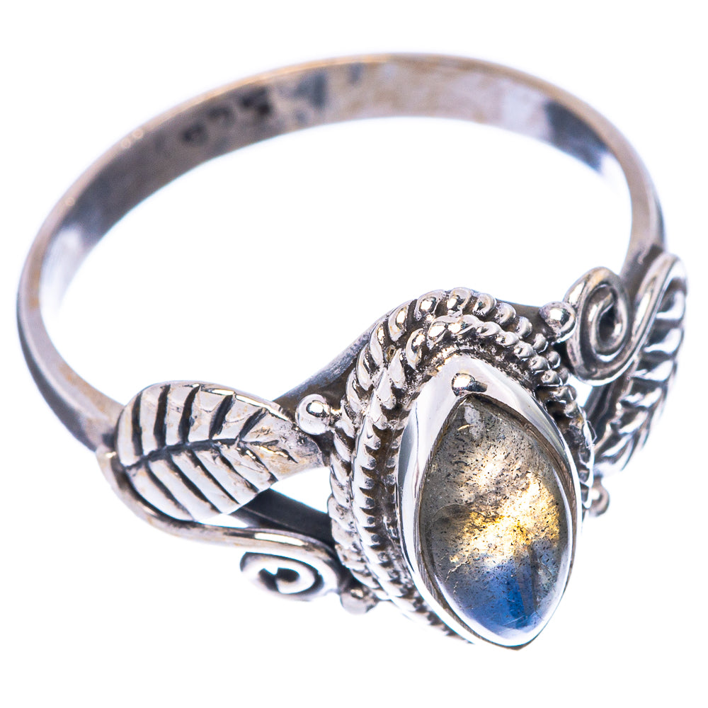 Sterling silver leaf ring with oval labradorite cabochon and textured band