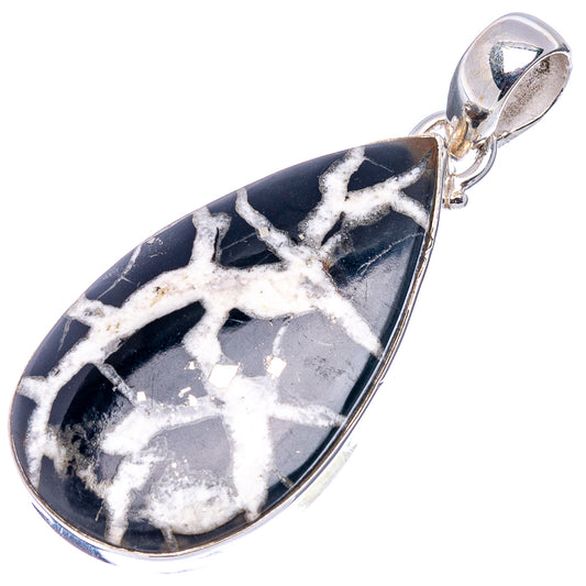 Septarian gronate pendant in .925 sterling silver, white grid on dark teardrop stone