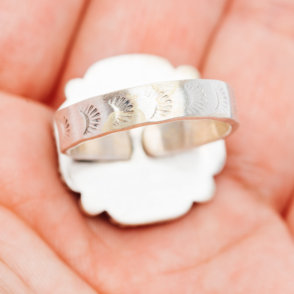 Sterling silver ring band with engraved texture, adjustable size 9